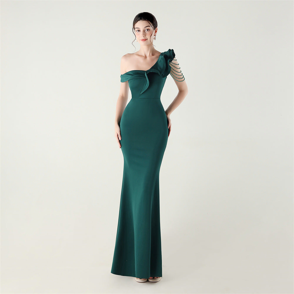 Women ruffled one-shoulder beaded fishtail formal party evening dress 3