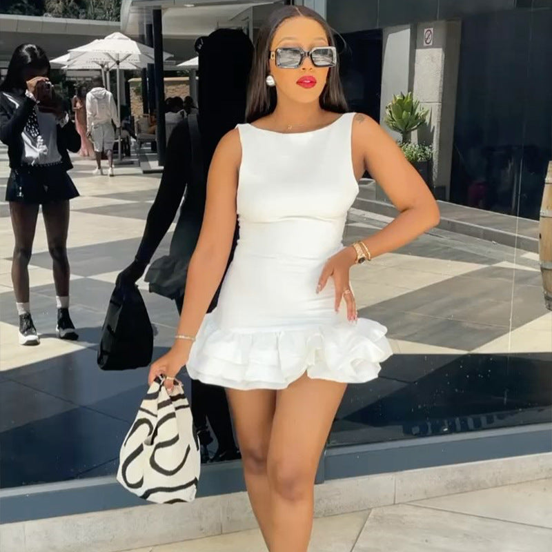 Women Sleeveless Round Neck Solid Career Pleated Mini Dress 3