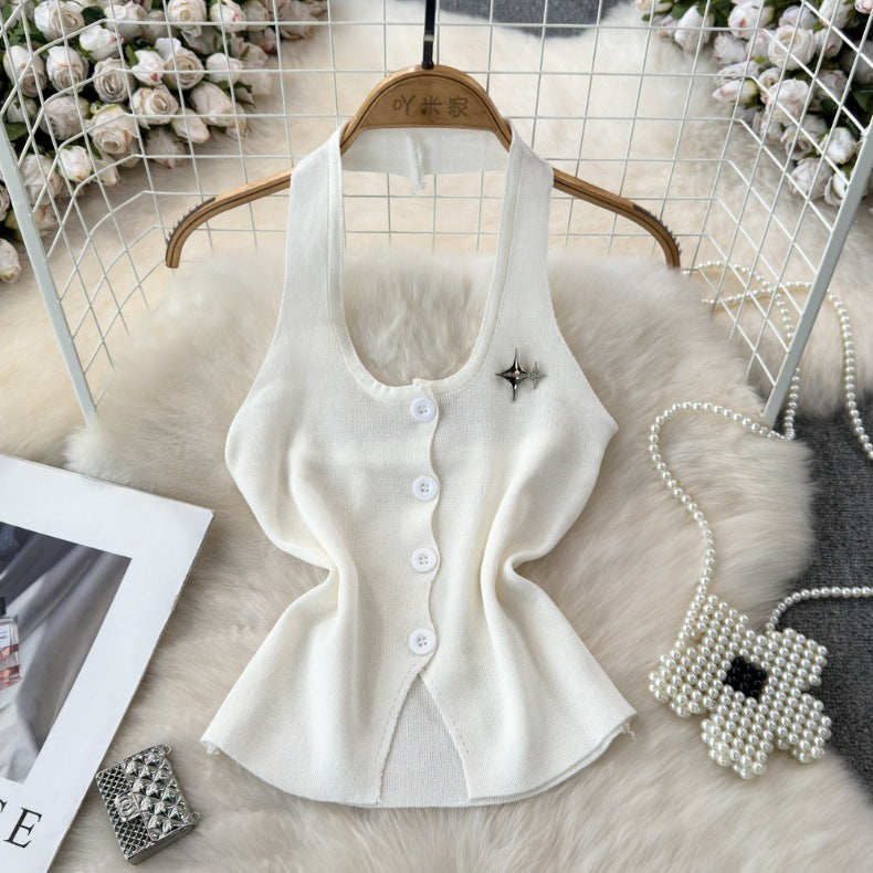 Fashionable Halter Neck Low Back Breasted Slim Fit Knitting Vest Women's Outdoor Wear Trendy Basic Top 3