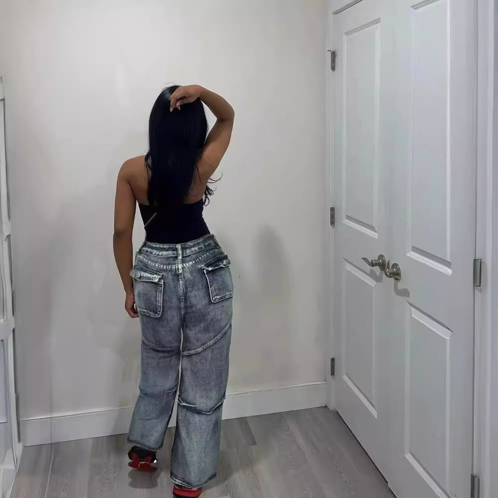 Women Pocket Wide Leg Denim Straight Pants 3