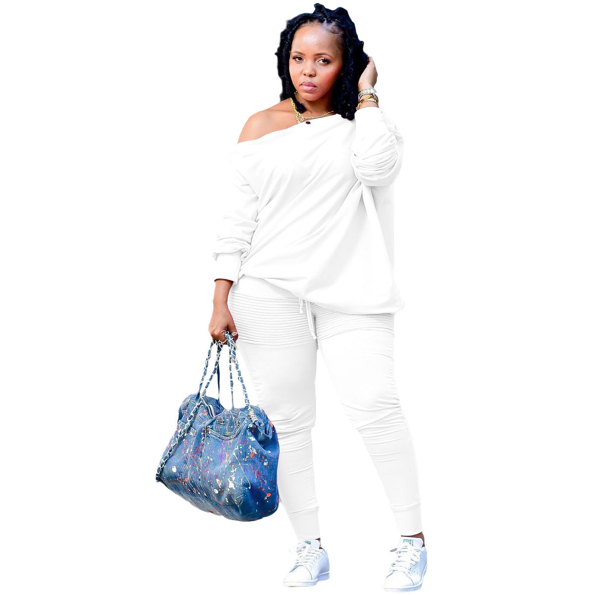 Autumn And Winter Women's Clothing Buttoned Off Shoulder Top Pants Casual Two-Piece Set