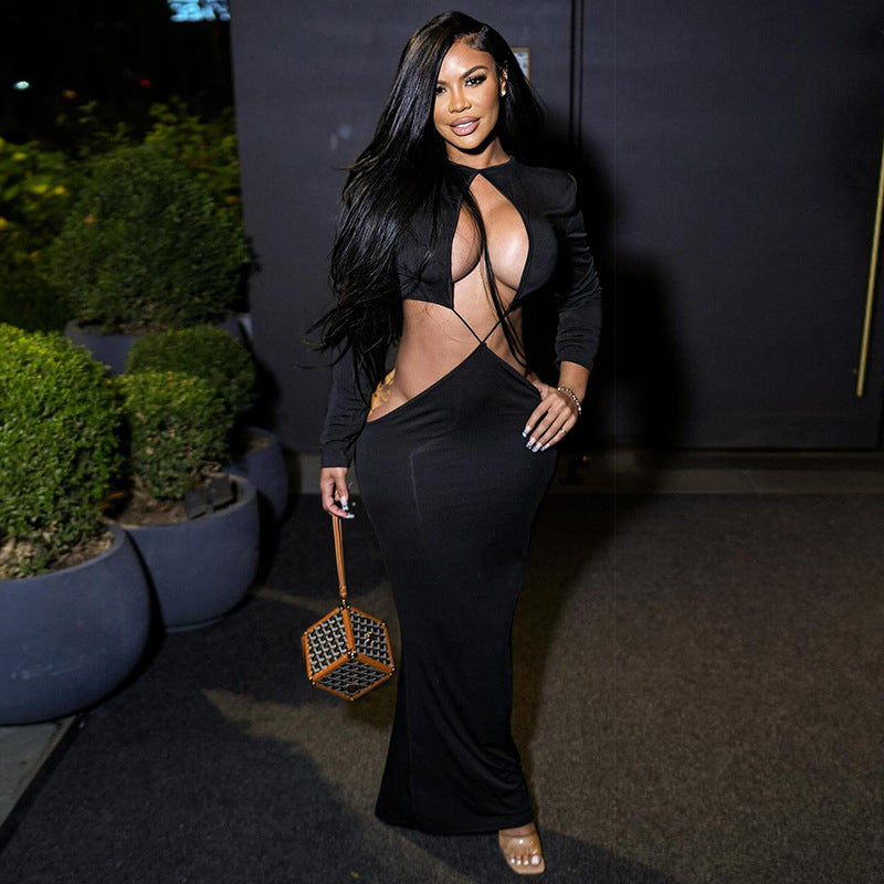 Women sexy hollow long sleeve Open Waist Bodycon Maxi Dress