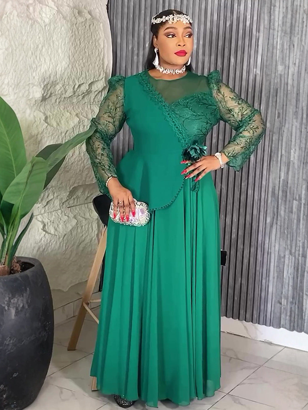 Lace Trim Plus Size African Embroidered Evening Gown 6