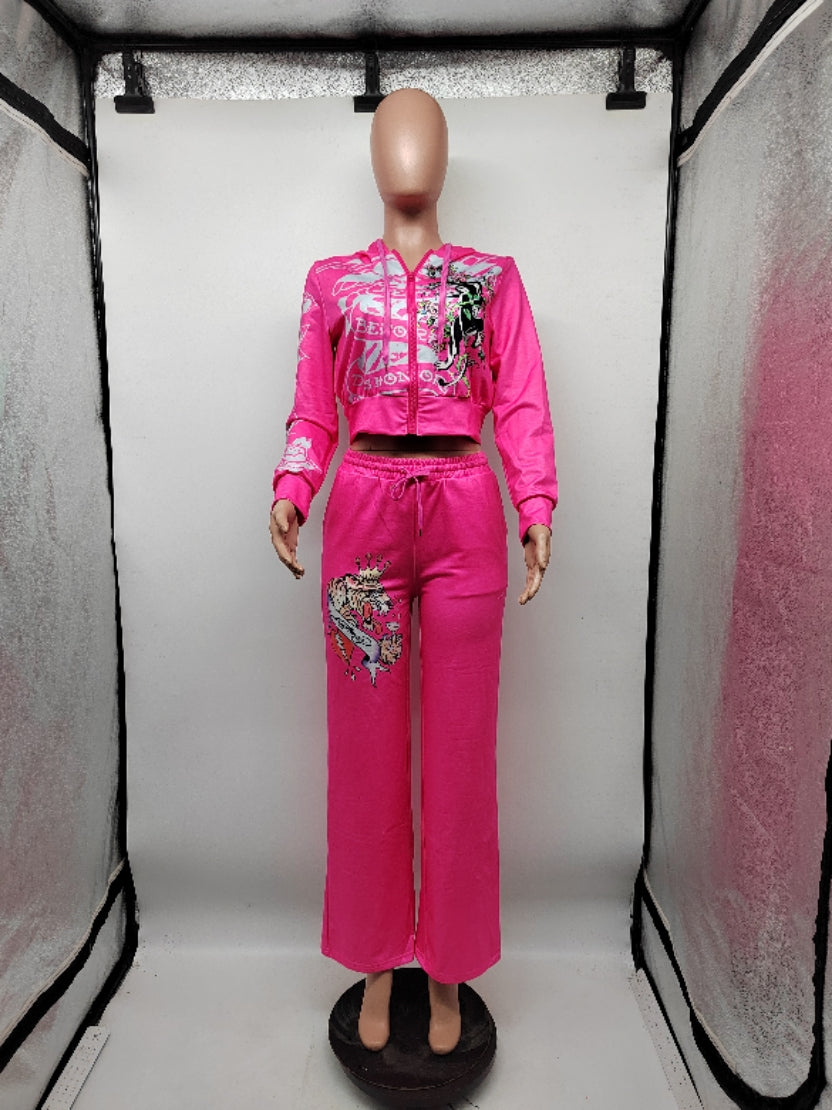 Women Printed Zipper Top and High Waist Straight Pants Two-piece Set 8