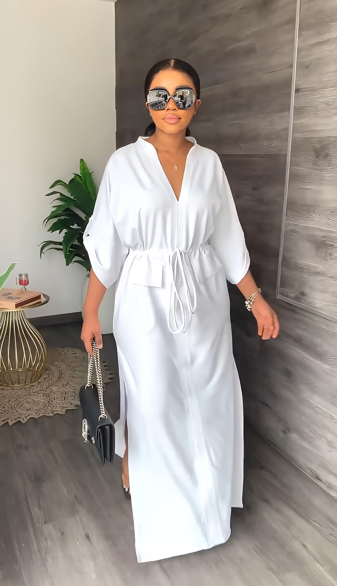 Loose Slim Waist Casual Side Slit Summer Long Dress