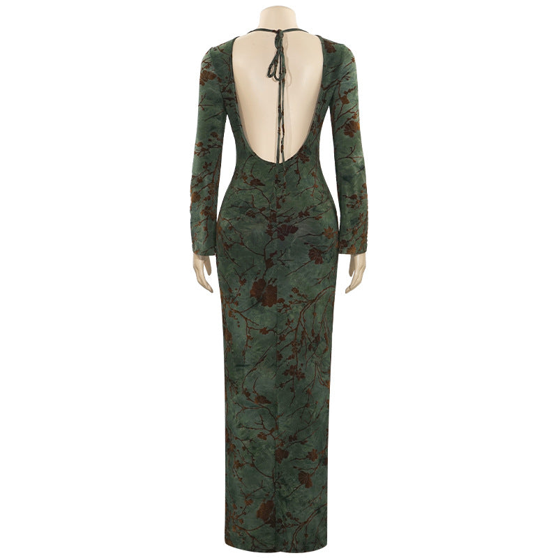Autumn Round Neck Long-Sleeve Lace-Up Low Back Print Maxi Dress 13