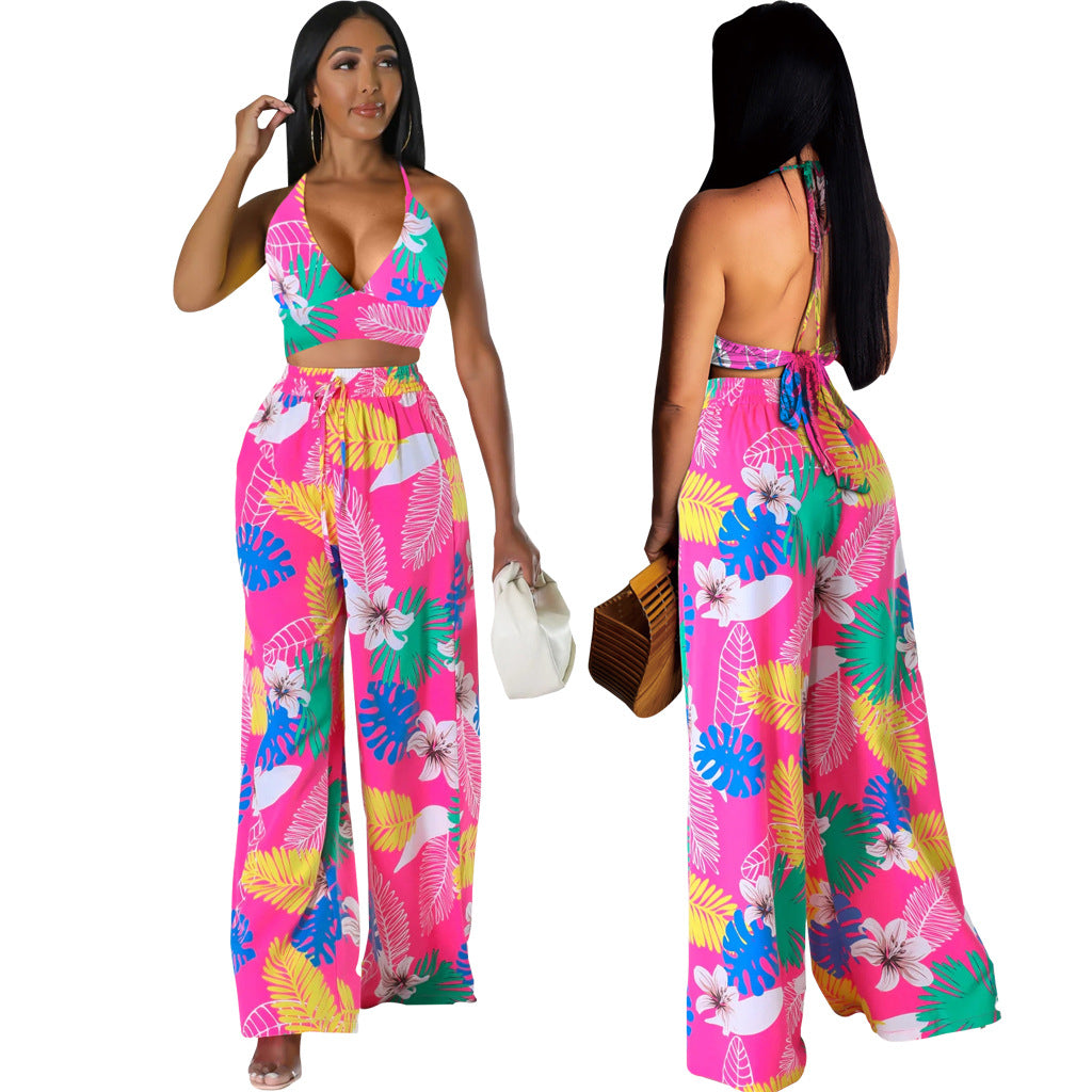 Women Sexy Printed Suspender Lace-Up Top and Pant Two-piece Set 8