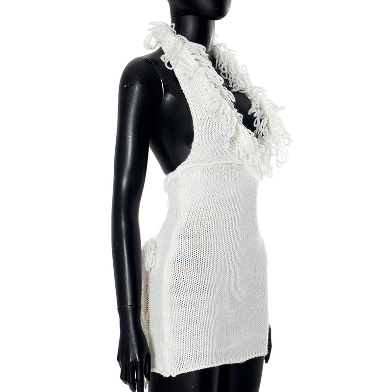 Women's Autumn Winter Tassel Deep V-Neck Halter Neck Lace-Up Low Back Bodycon Knitting Dress 5