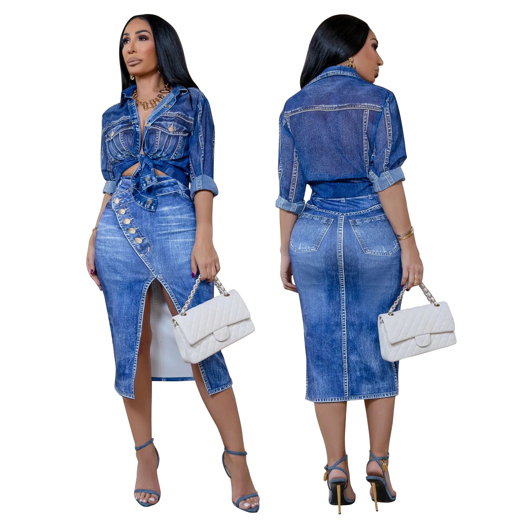 Women printed long sleeve top and skirt two-piece set