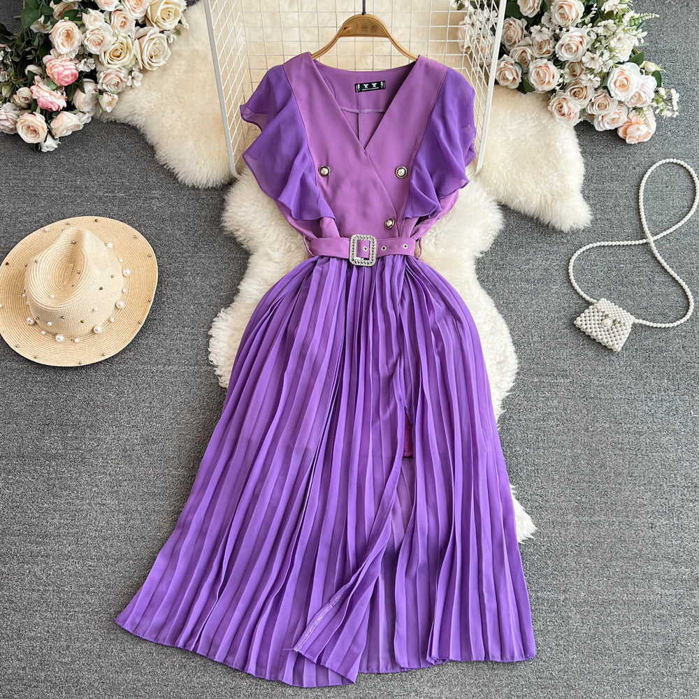 Women Contrast Color Flying Sleeve Collar Slit Pleated Dress 11