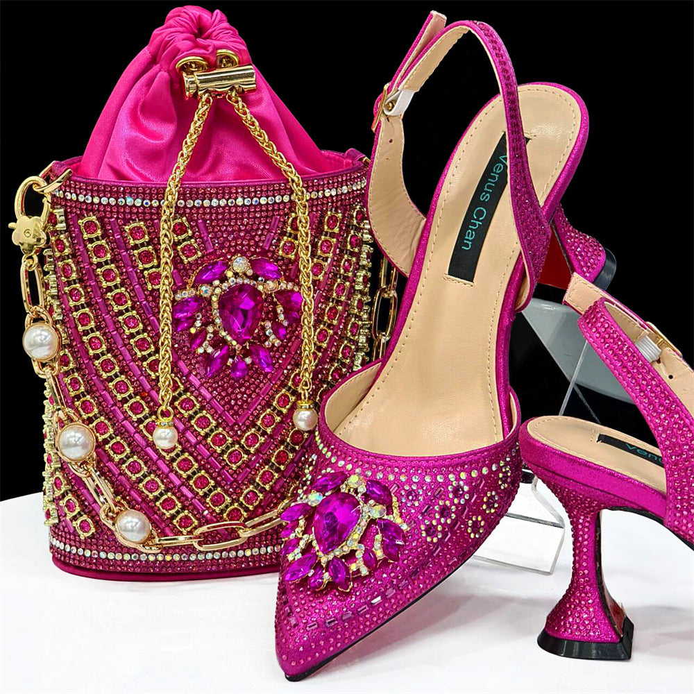 African Shoe And Bag Set Combination Pointed-Toe Ladies' Plus Size High-Heeled Wedding Shoes With Bucket Bags 8