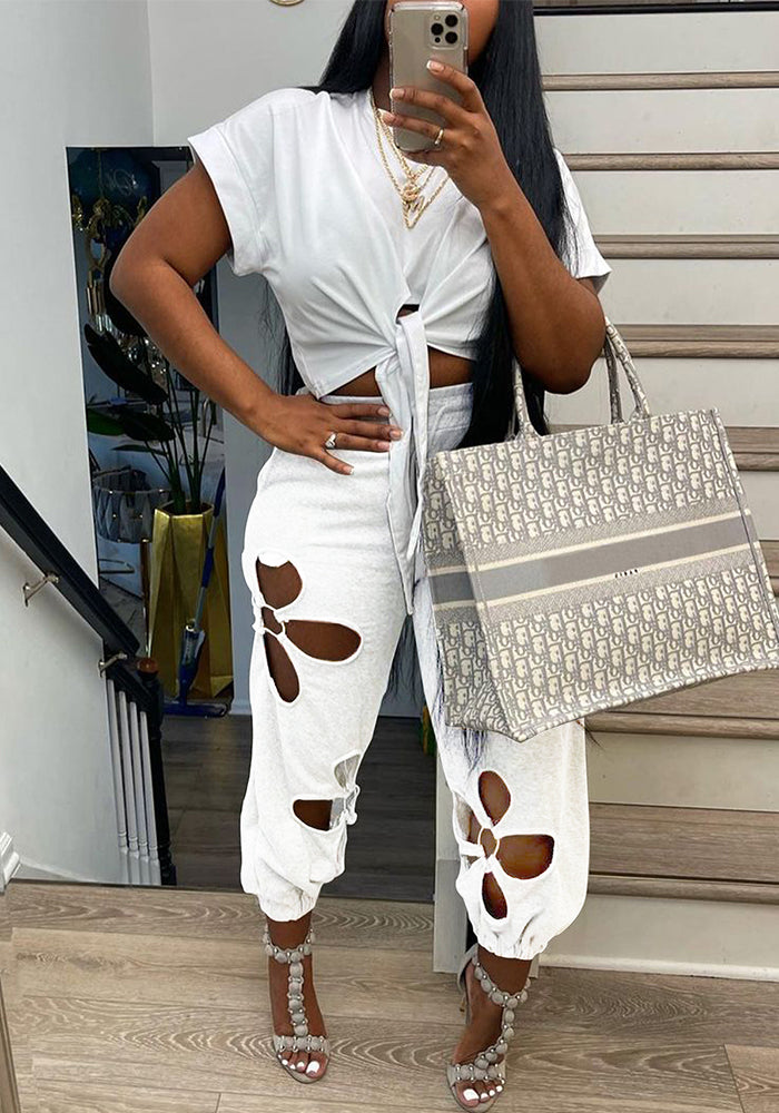 Summer Women’s Casual White T Shirt Floral Cut Sweatpants Set