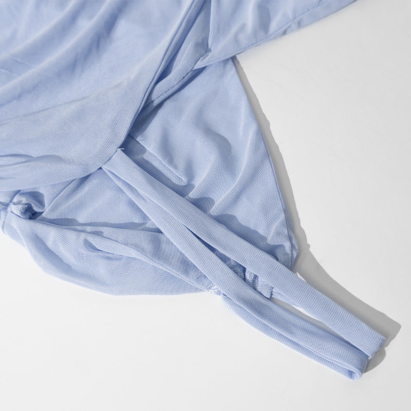 Women Strapless V-Neck Sleeveless Backless See-Through Mesh Slit Maxi Dress 19