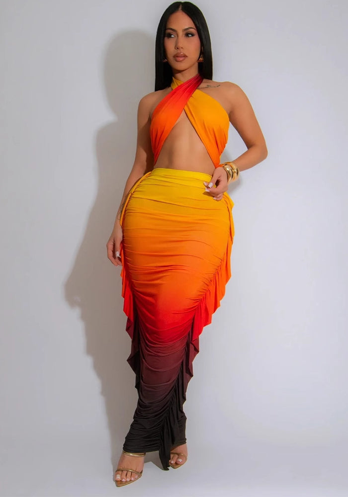 Women Gradient Print Pleated Crop Top and Skirt Two-Piece Set