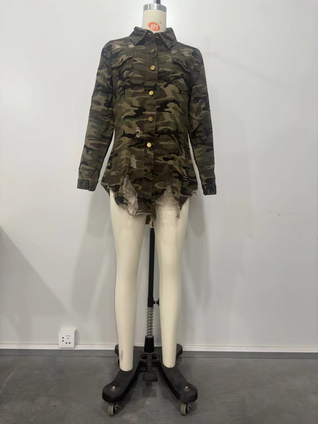 Women's Long Sleeve Camo Ripped Shirt Turndown Collar Long Sleeve Top 6