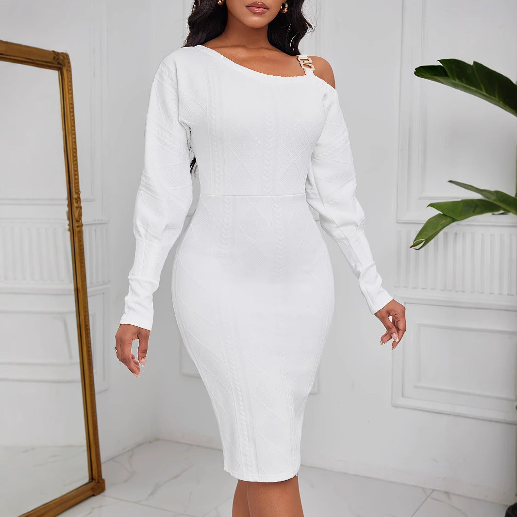 Women Winter One-shoulder Lantern Sleeve Solid Bodycon Dress Sexy Lingerie 3