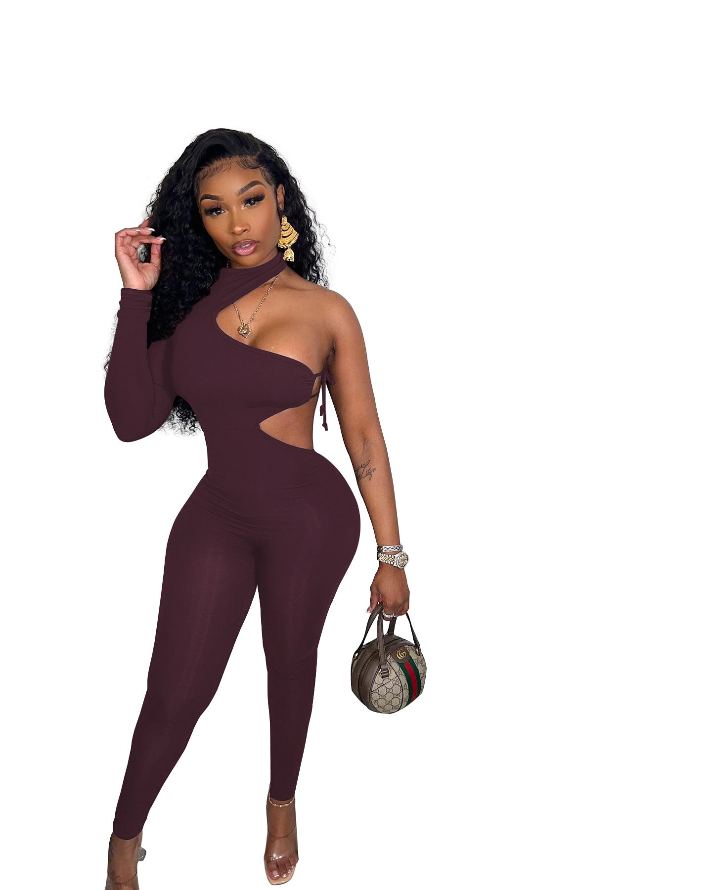 Women Sexy Single Sleeve Lace-Up Irregular Jumpsuit 7