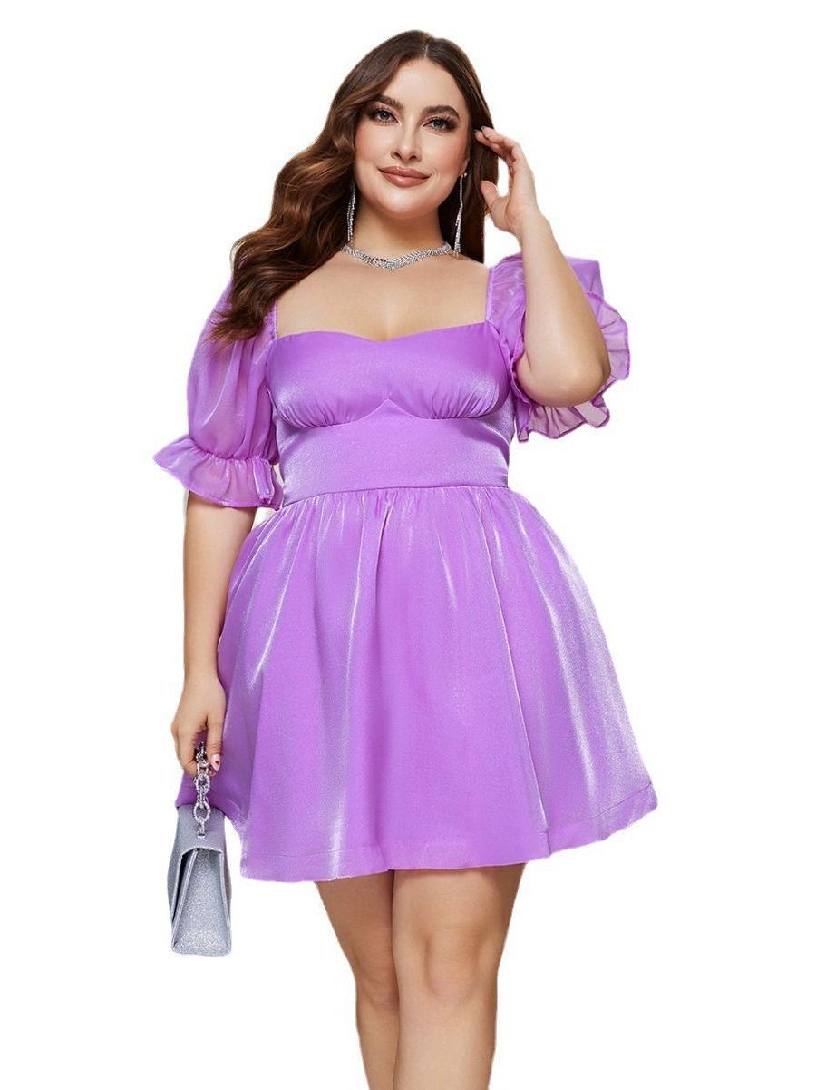 Plus Size Women French Puff Sleeve Square Neck Dress 6
