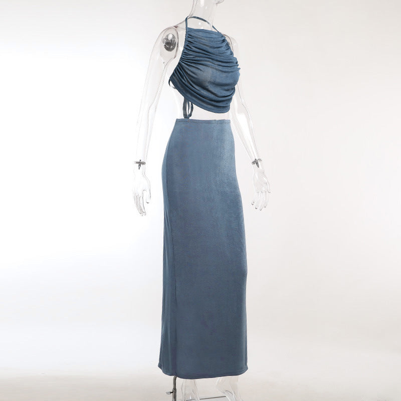 Autumn Solid Color Halter Neck Slim Fit Slim Pleated Low Back Top Skirt Women's Clothing 9