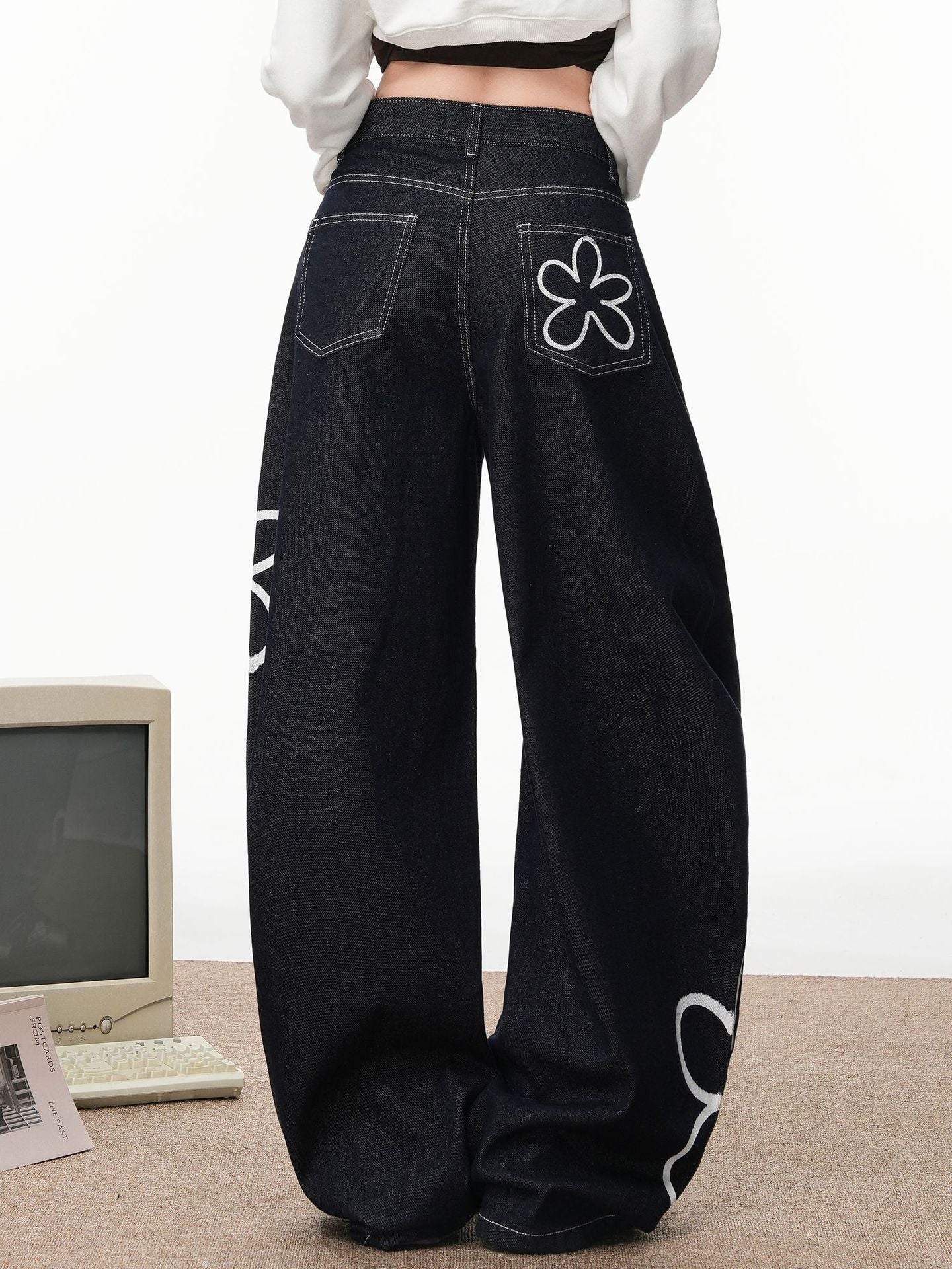 Women American Striped Floral Print Denim Pants 4