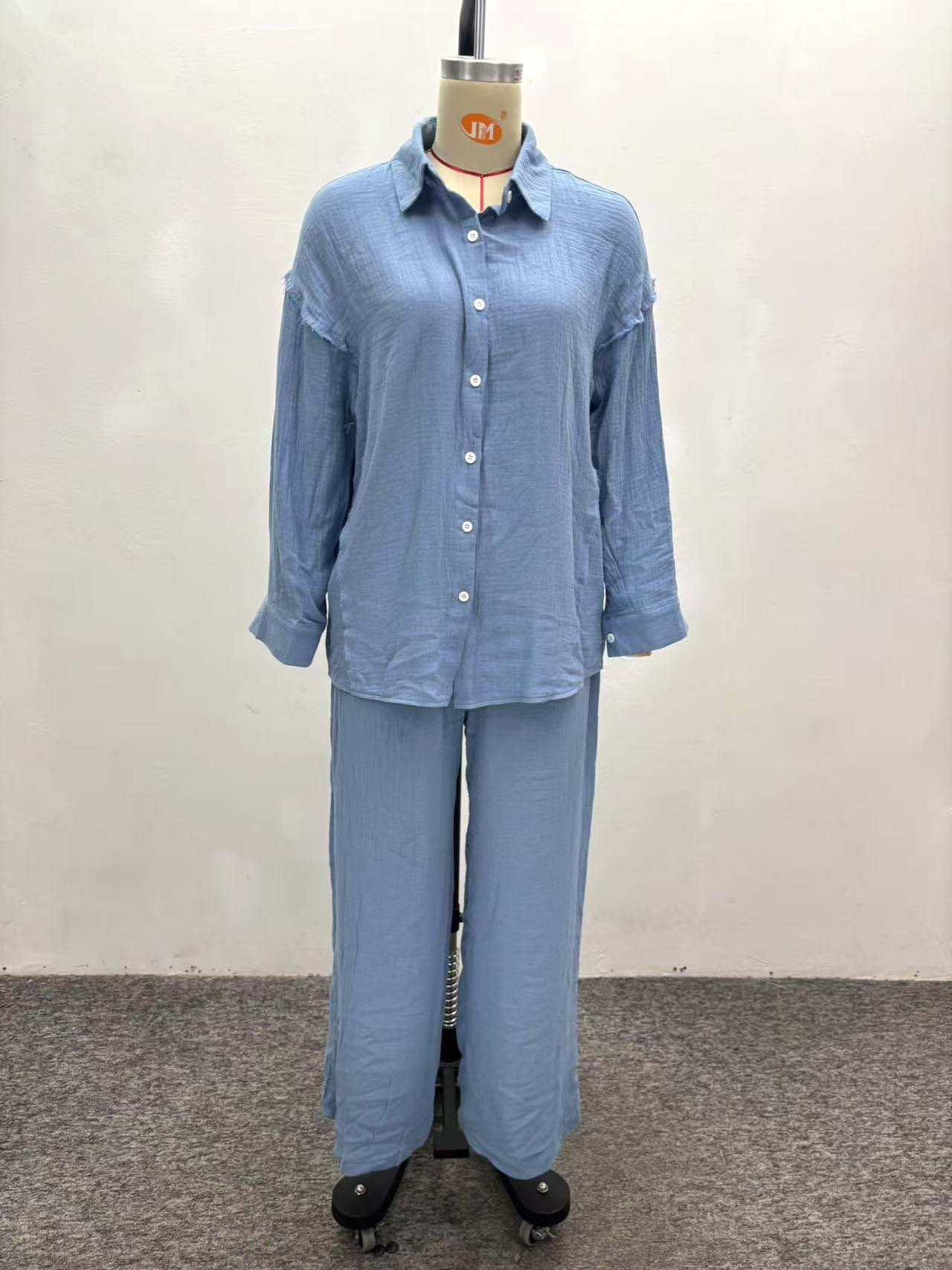 Women Turndown Collar Long-Sleeved Shirt and Pants Two-Piece Set 9