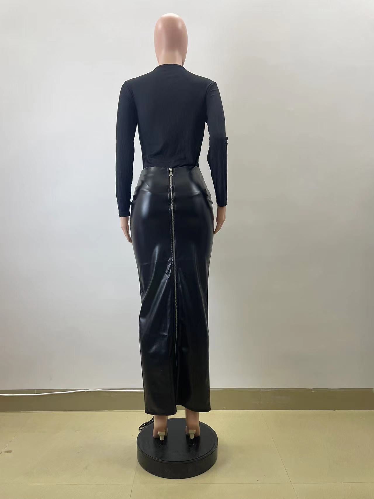 Women Autumn and Winter Black Bodycon Zipper Pu-Leather Skirt 12