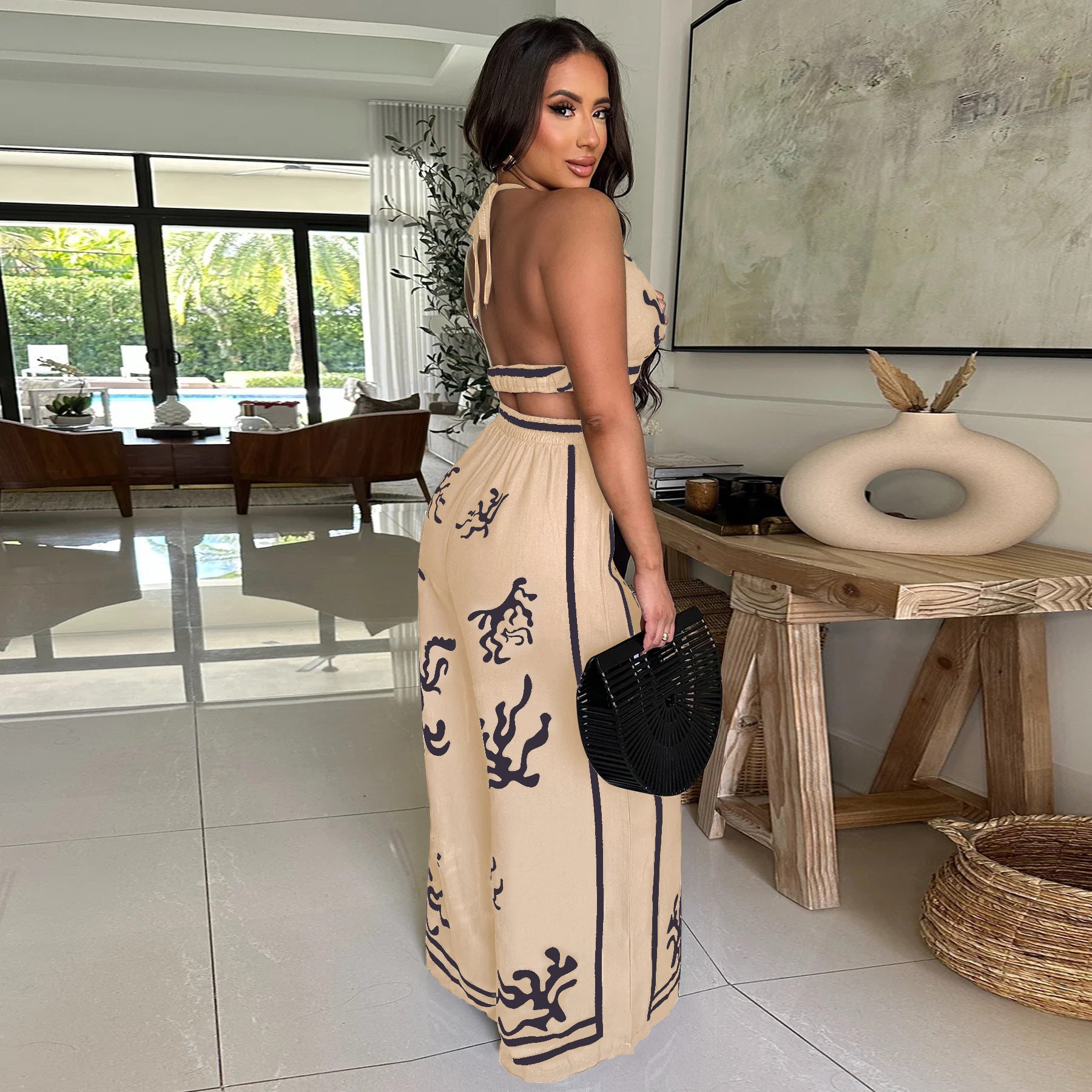 Summer Sexy Print Halter V Neck Vest Wide Leg Pants Two Piece Set 28