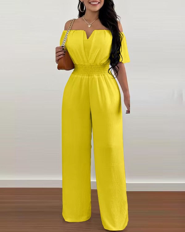 Women Off Shoulder V Neck Loose Straight Jumpsuit 7