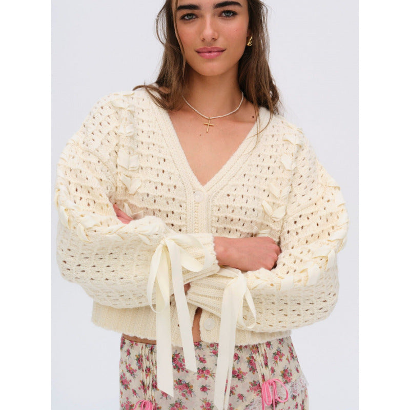 Autumn Winter V-Neck Lace Hollow Knitting Cardigan Top Loose Casual Sweater Jacket Women 5