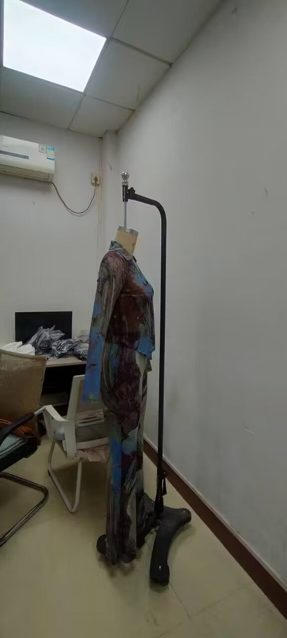 Women Sexy Button Printed Mesh Top and Bell Bottom Pants Two-Piece Set 9