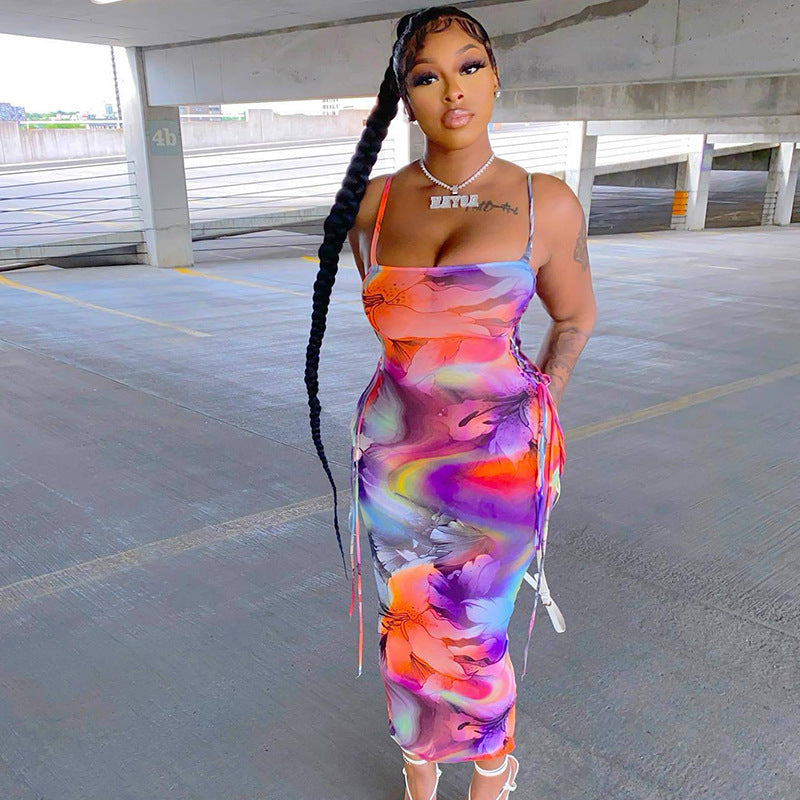 Street Trendy Printed Strap Lace-Up Long Dress