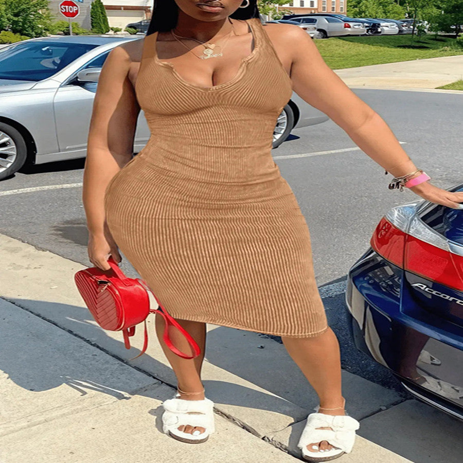 Sexy U-Neck Solid Color Sleeveless Bodycon Midi Dress Women's Clothing 10