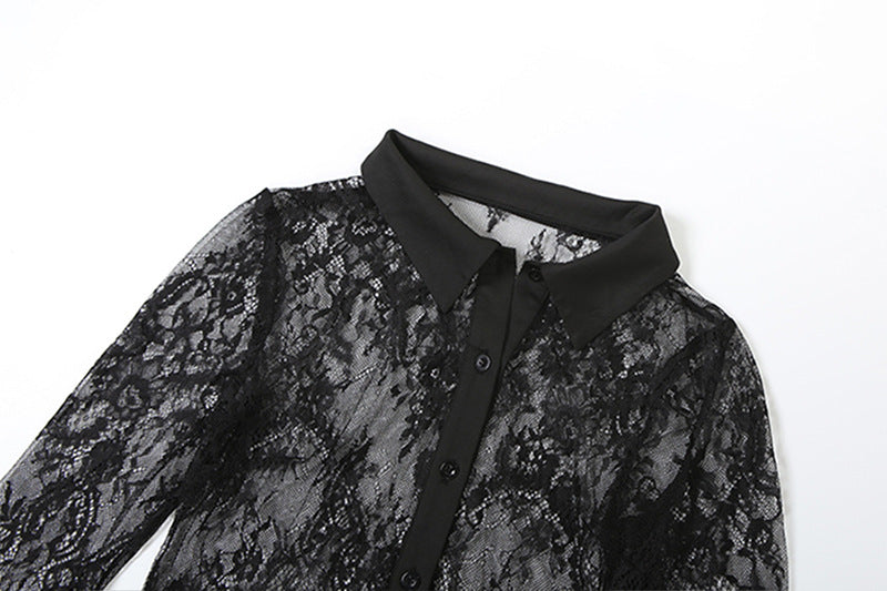 Women autumn sexy mesh see-through top and long skirt two-piece set 11