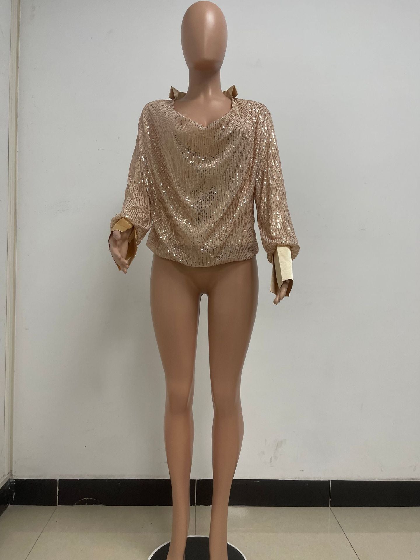 Women's Deep V Pleated Loose Ladies Chic Sequin Long Sleeve Shirt 27