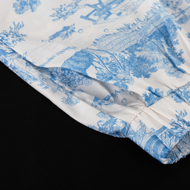 Women's Paint Print Turndown Collar Shirt High Waist Trousers Fashion Two-Piece Suit 19