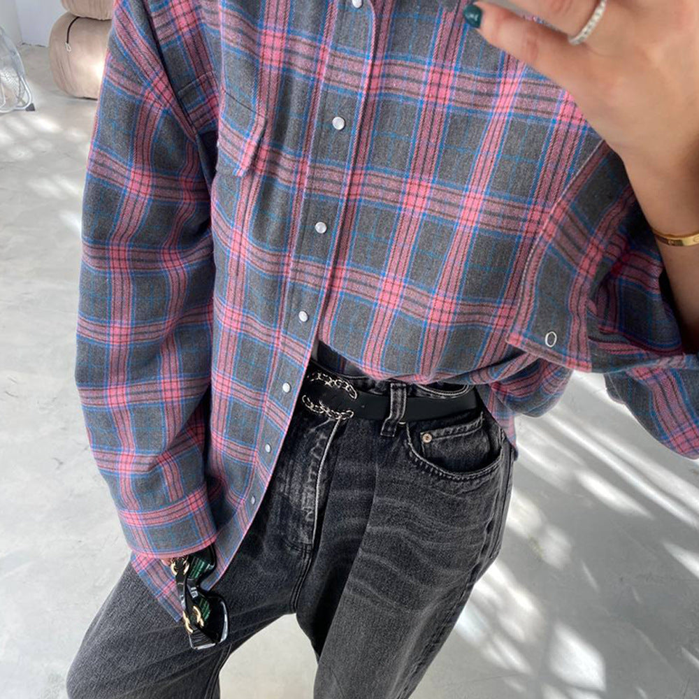 Autumn retro style Turndown Collar loose shirt plaid long-sleeved women's blouse 4