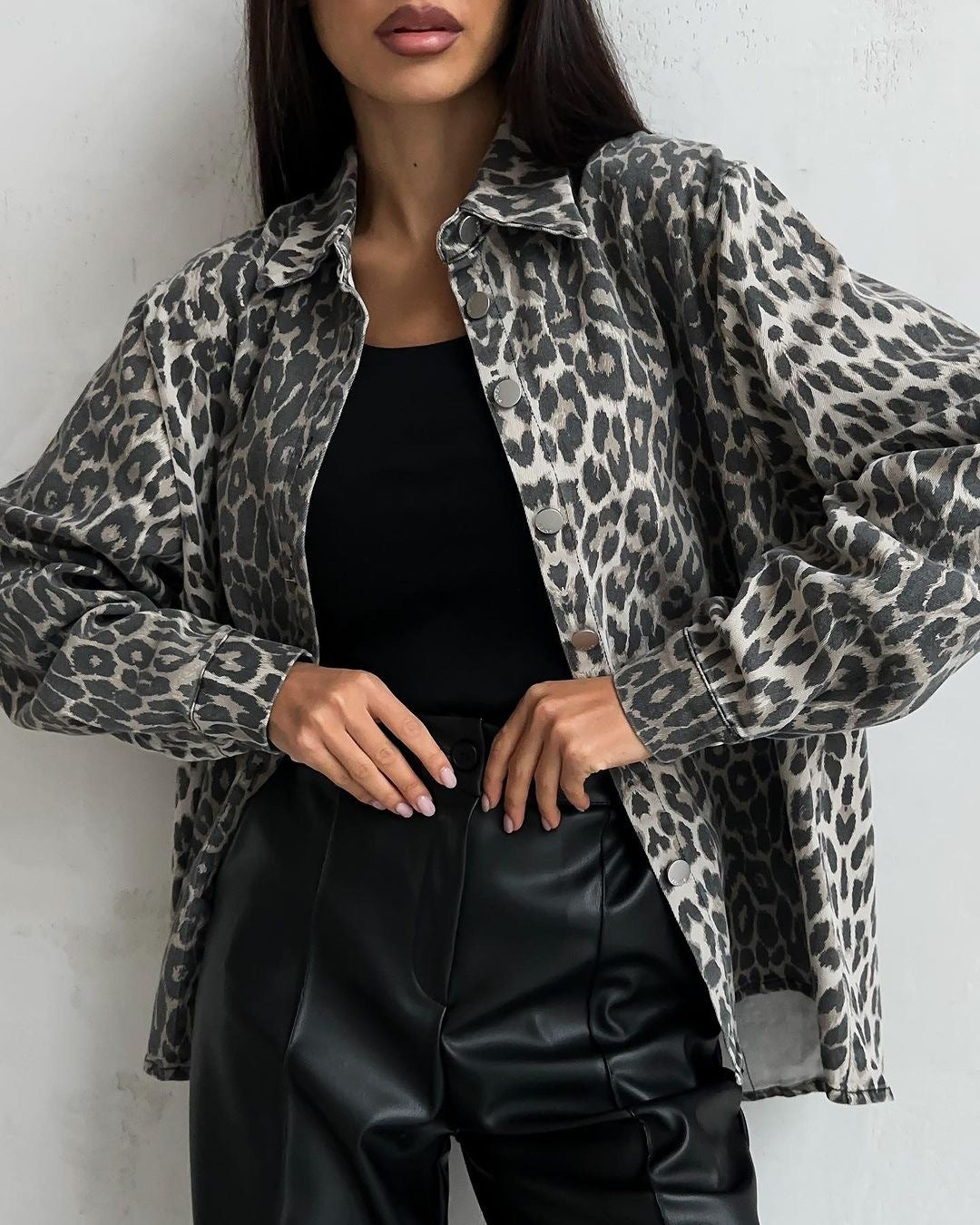Women Vintage Leopard Print Denim Jacket 3