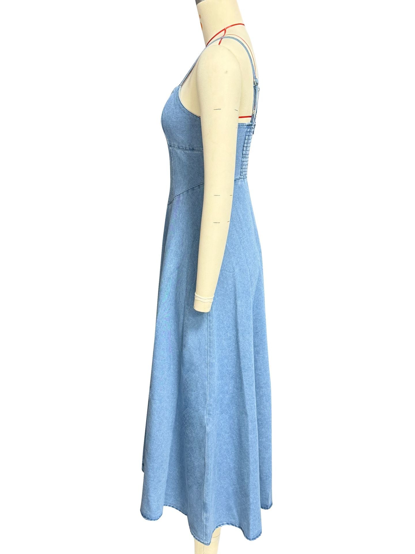 Spring Summer Strap V Neck Denim Long Dress 5