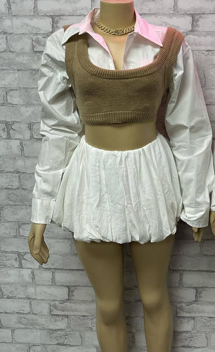 Fashionable American women's autumn Casual shirt bubble skirt two piece set 3