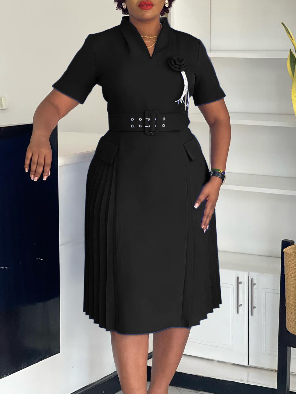 Women's Fashion Chic V-Neck Solid Color Plus Size Pleated High-Waist African Dress 6