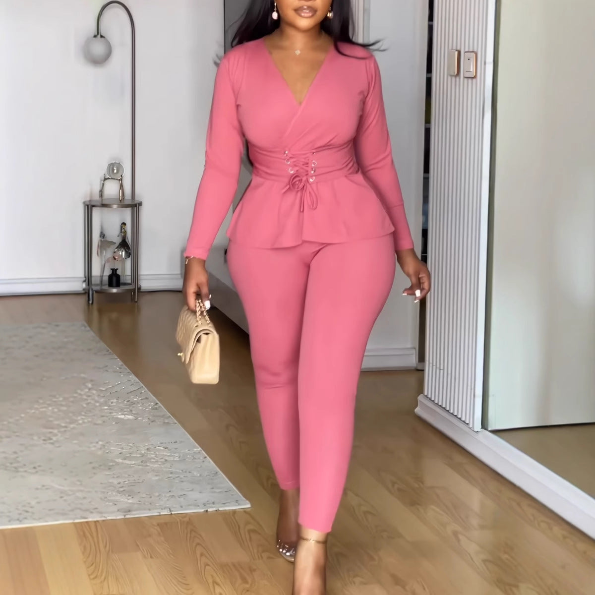 Solid Color V-Neck Slim Waist Long-Sleeved Pants Set 5