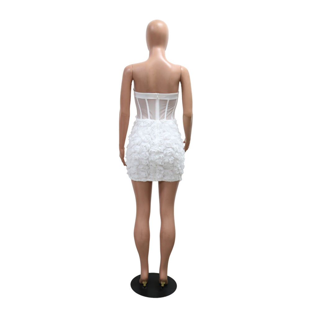 Fashion Women's  Strapless Flower See-Through Sexy Party Bodycon Dress 9