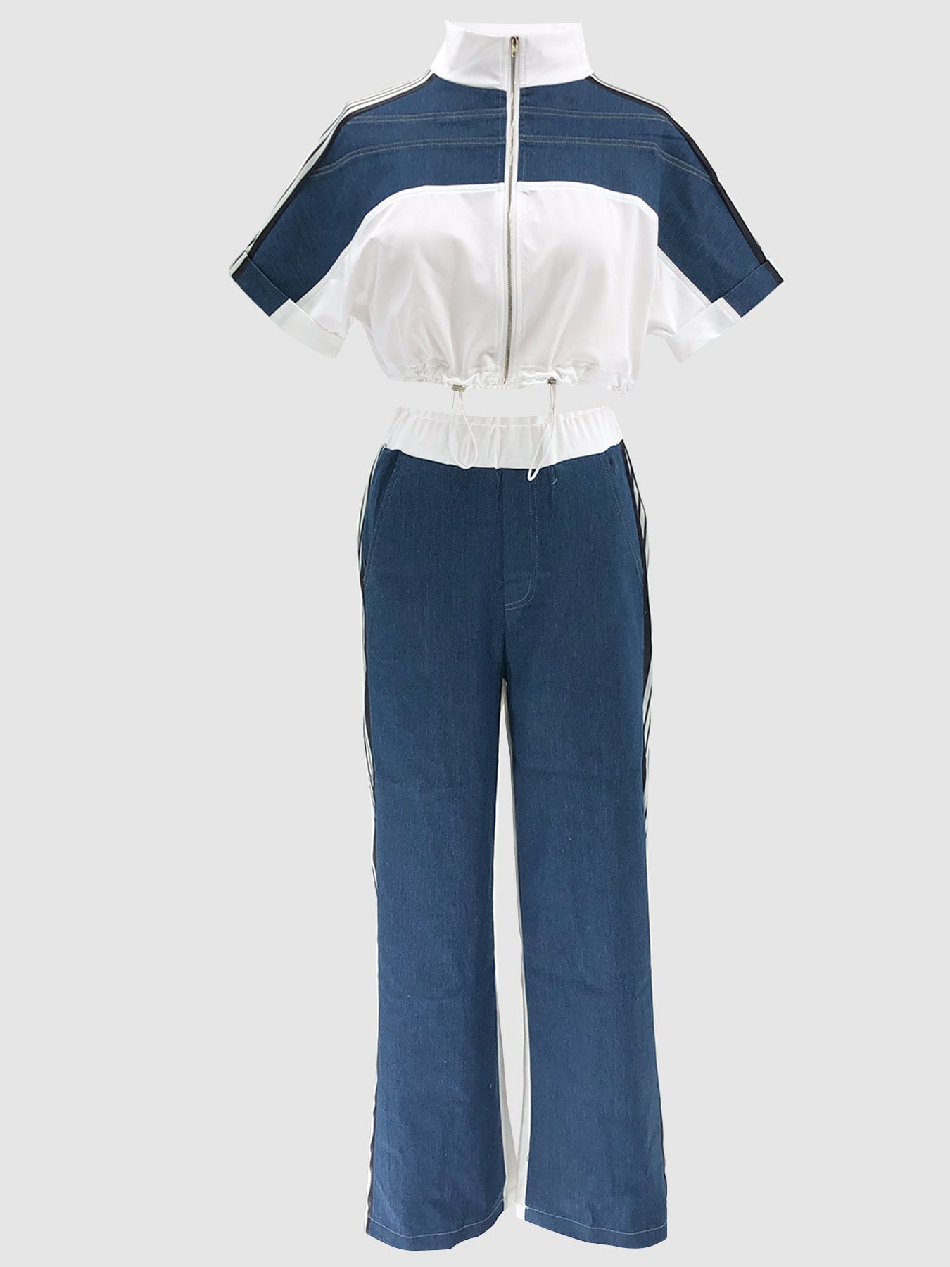 Women Denim Contrast Color Stand Collar Zipper Top Wide-Leg Pants Two-Piece Set 9