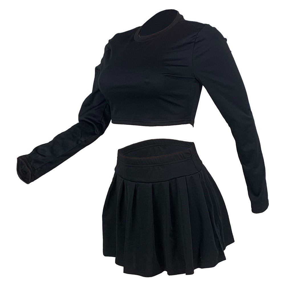 Women's fashion solid color Round Neck Crop slim long-sleeved top pleated short skirt two-piece set 15