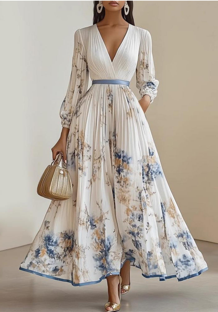 Women's Digital Print V-Neck Long-Sleeve Pleated Maxi Dress