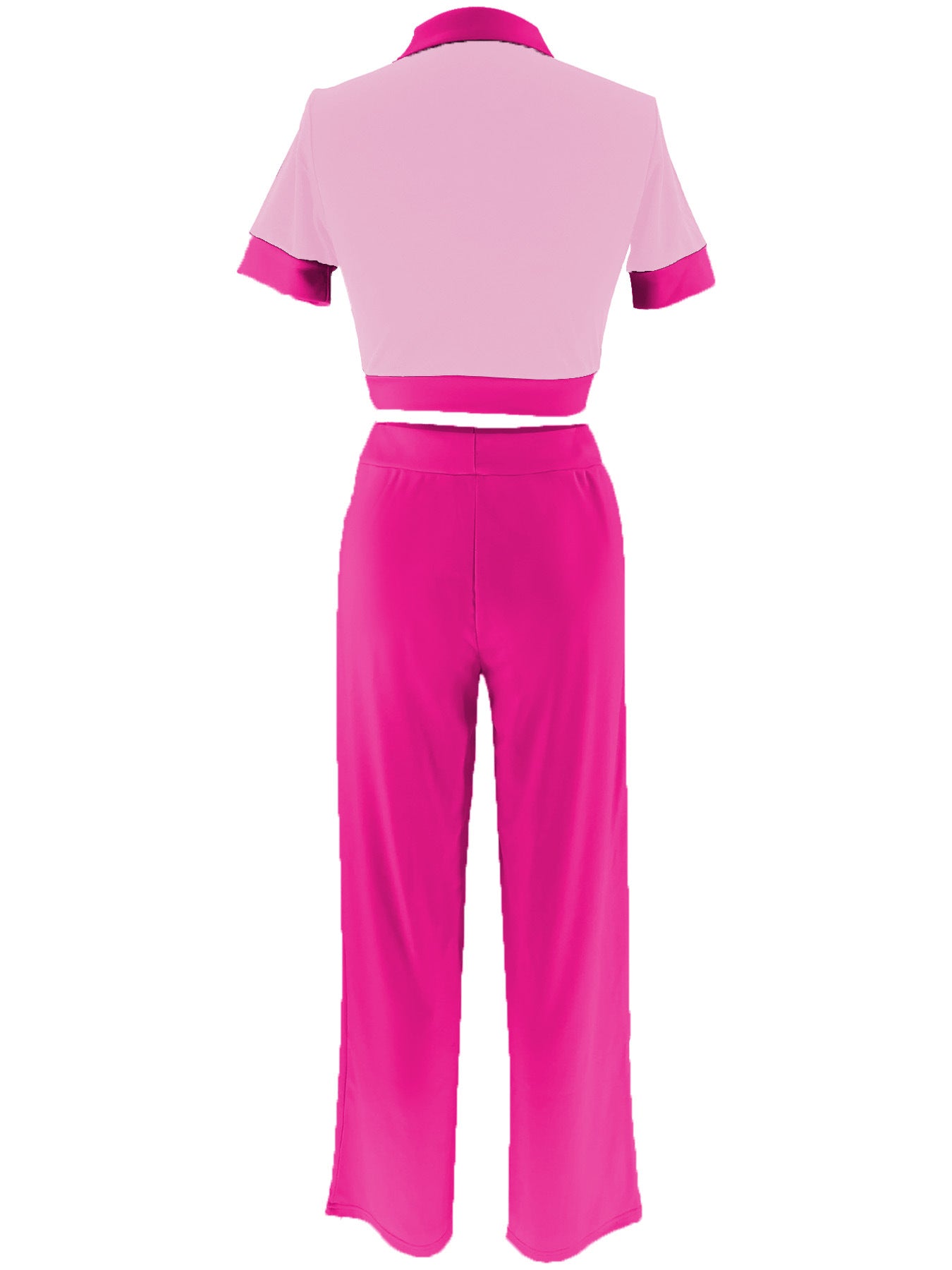 Women's Summer Patchwork Contrast Color Turndown Collar Short Sleeve Top Wide Leg Pants Fashion Two Piece Set 20