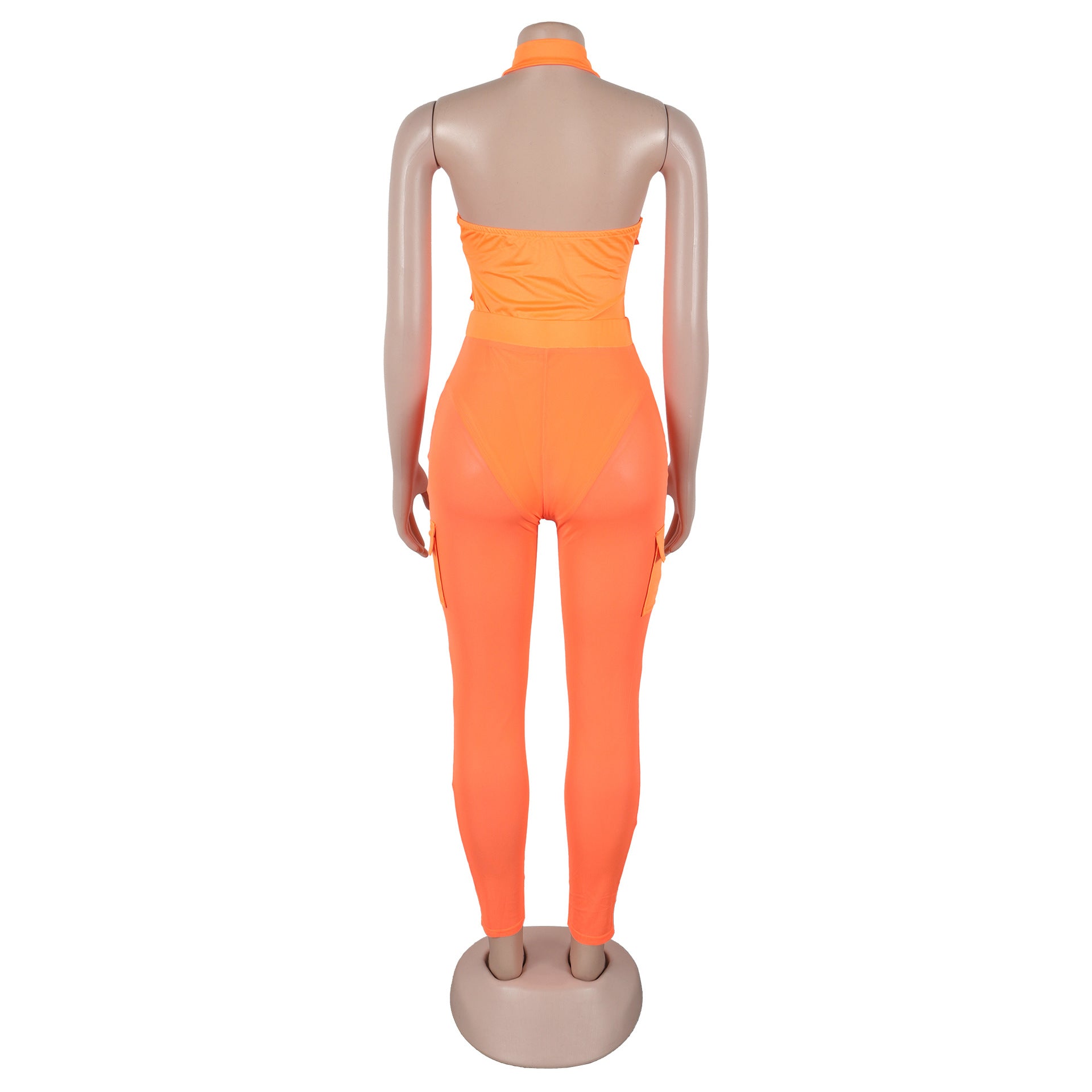 Summer Deep V-Neck Sleeveless Tight-Fitting Bodysuit Pocket Mesh Pants Set 33