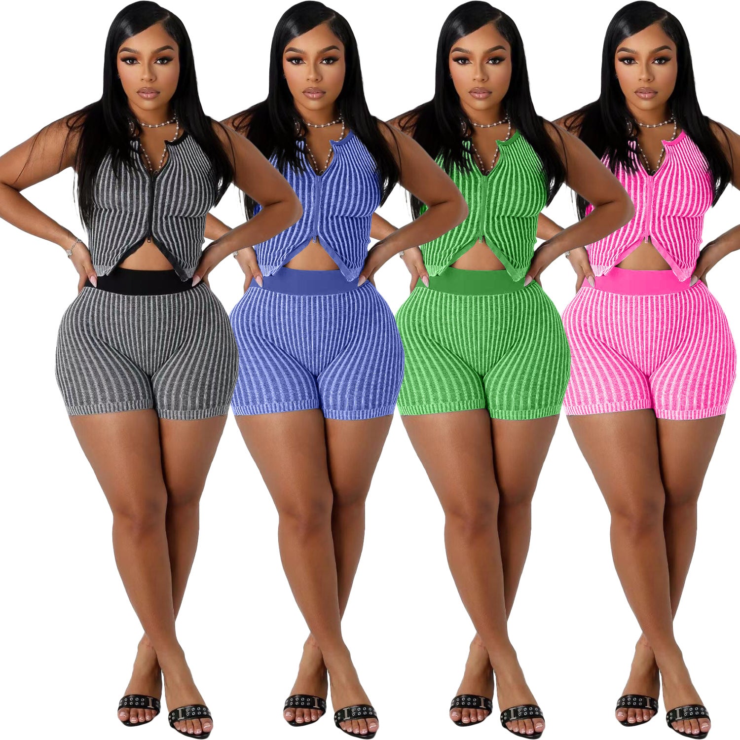 Women Knitting Zipper Top and Shorts Casual Two-piece Set 10