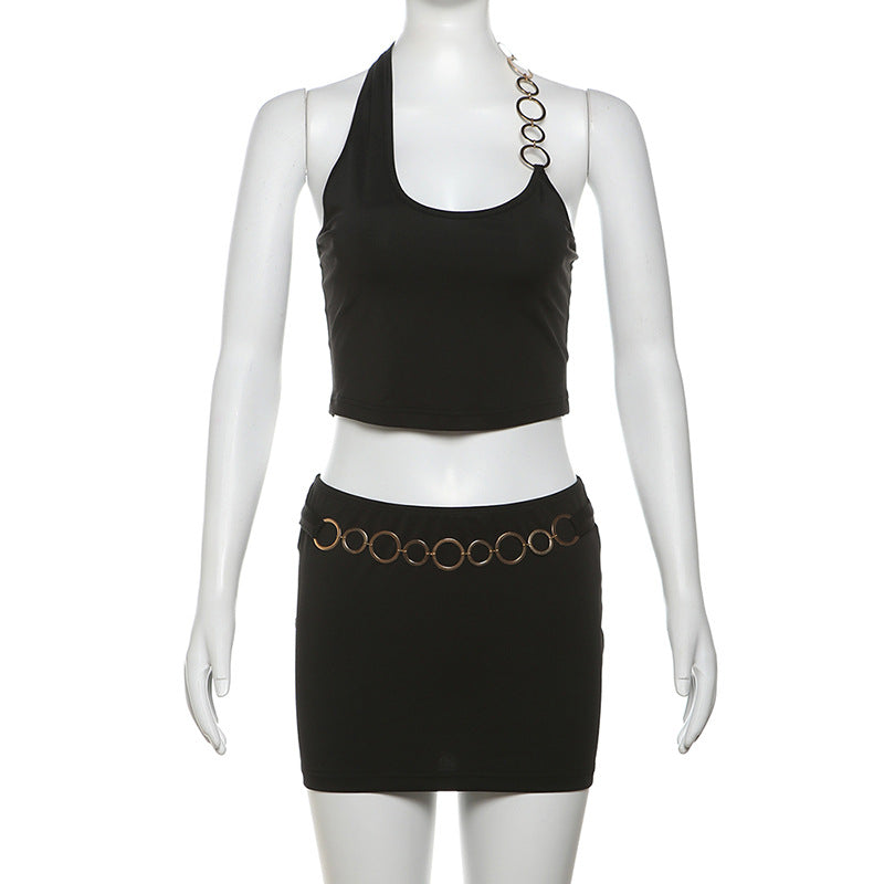 Summer sexy Low Back Halter Neck top high waist tight slim short skirt two piece set 6