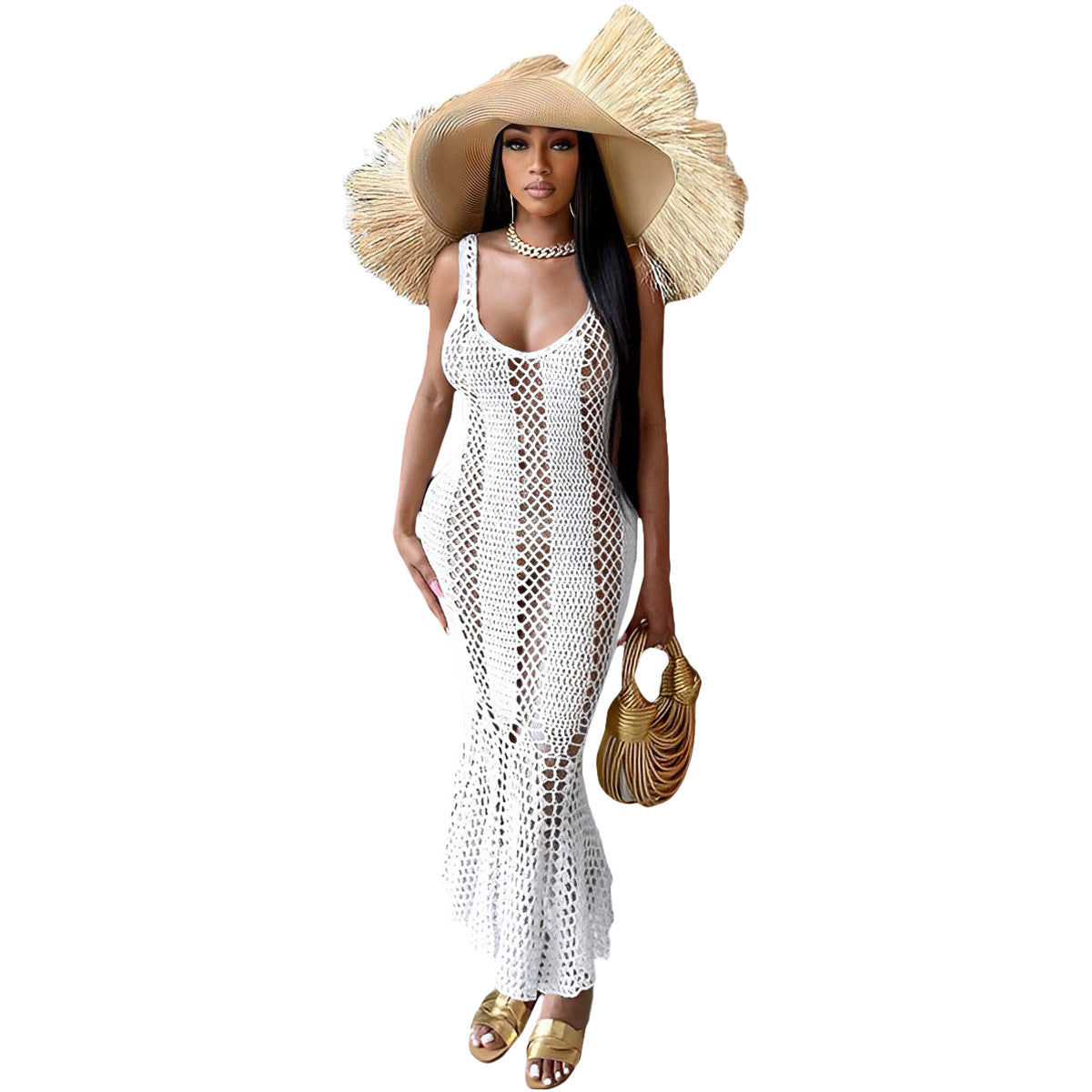 Women's Sexy Hollow Solid Color V-neck Knitting Sleeveless Mermaid Dress 8